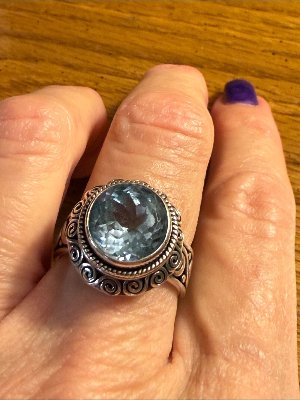 7.5 Blue Topaz Round Ring with Intricate Band